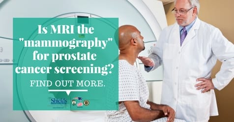 Doctor discussing MRI prostate screening with a patient; text overlay reads: "MRI the 'Mammography' for Prostate Screening?"