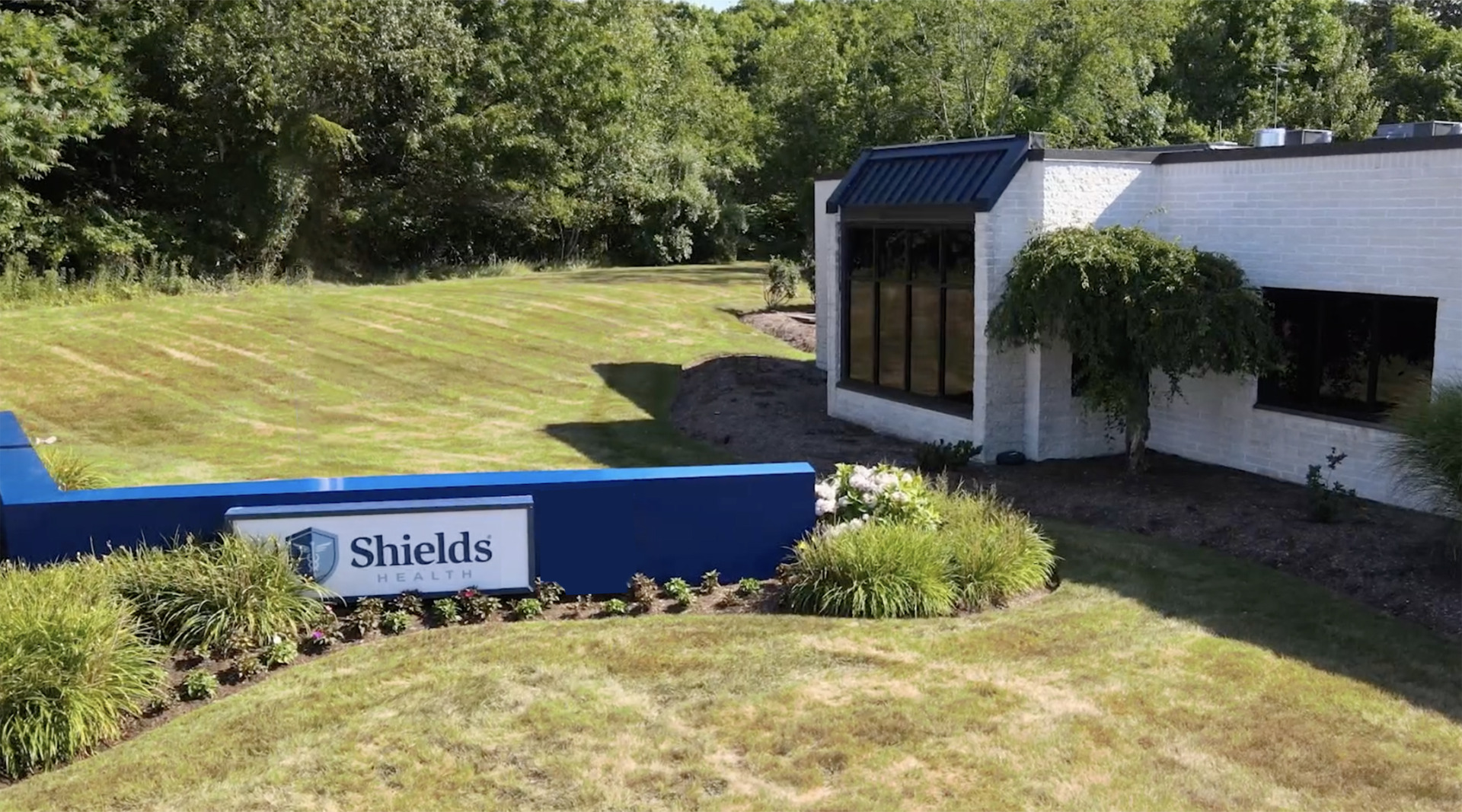 Office building with large windows surrounded by greenery and a blue sign with text reading "Shields" in the foreground.