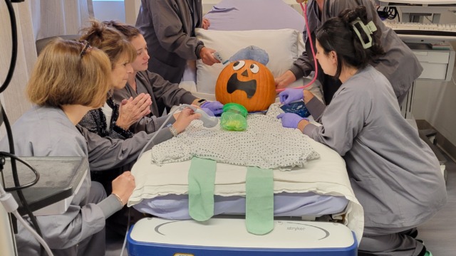 Medical team in scrubs surrounding a hospital bed with a pumpkin decorated with a face as the patient in examination room.