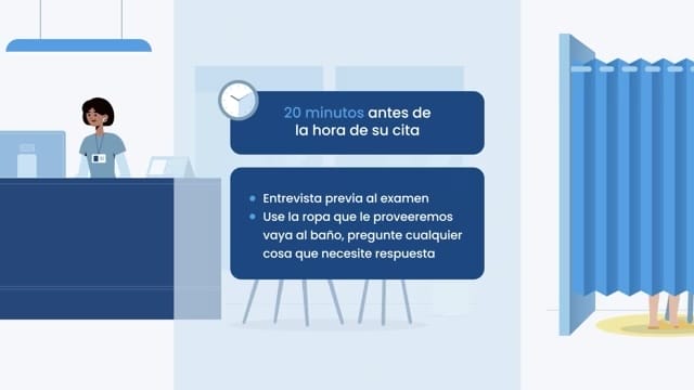 Ilustración de una clínica con instrucciones en español antes de una cita médica y una persona detrás de un mostrador.