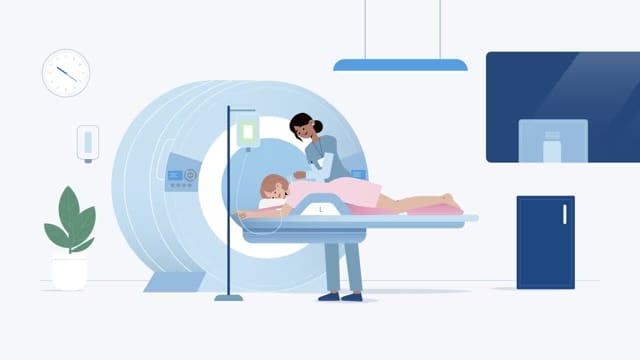 Illustration of a patient undergoing an MRI scan with a medical professional assisting in a modern clinical setting.