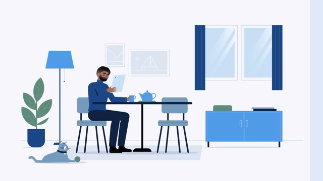 Illustration of a person sitting at a table with a tablet, cup, and teapot in a modern living room setting.