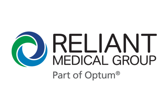 Reliant Medical Group logo, Part of Optum with blue, green, and white swirl design