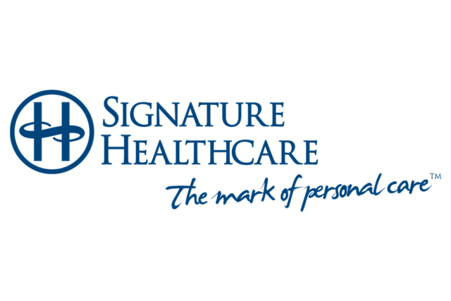 Logo of Signature Healthcare with text "The mark of personal care" in blue font.