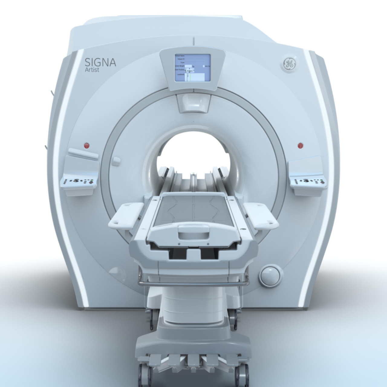 MRI machine with a sliding patient table in a sterile, brightly lit room, ready for medical imaging procedures.