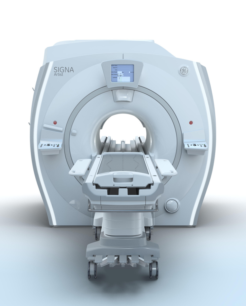 MRI machine in a hospital setting with a patient bed in front, ready for medical imaging procedures.