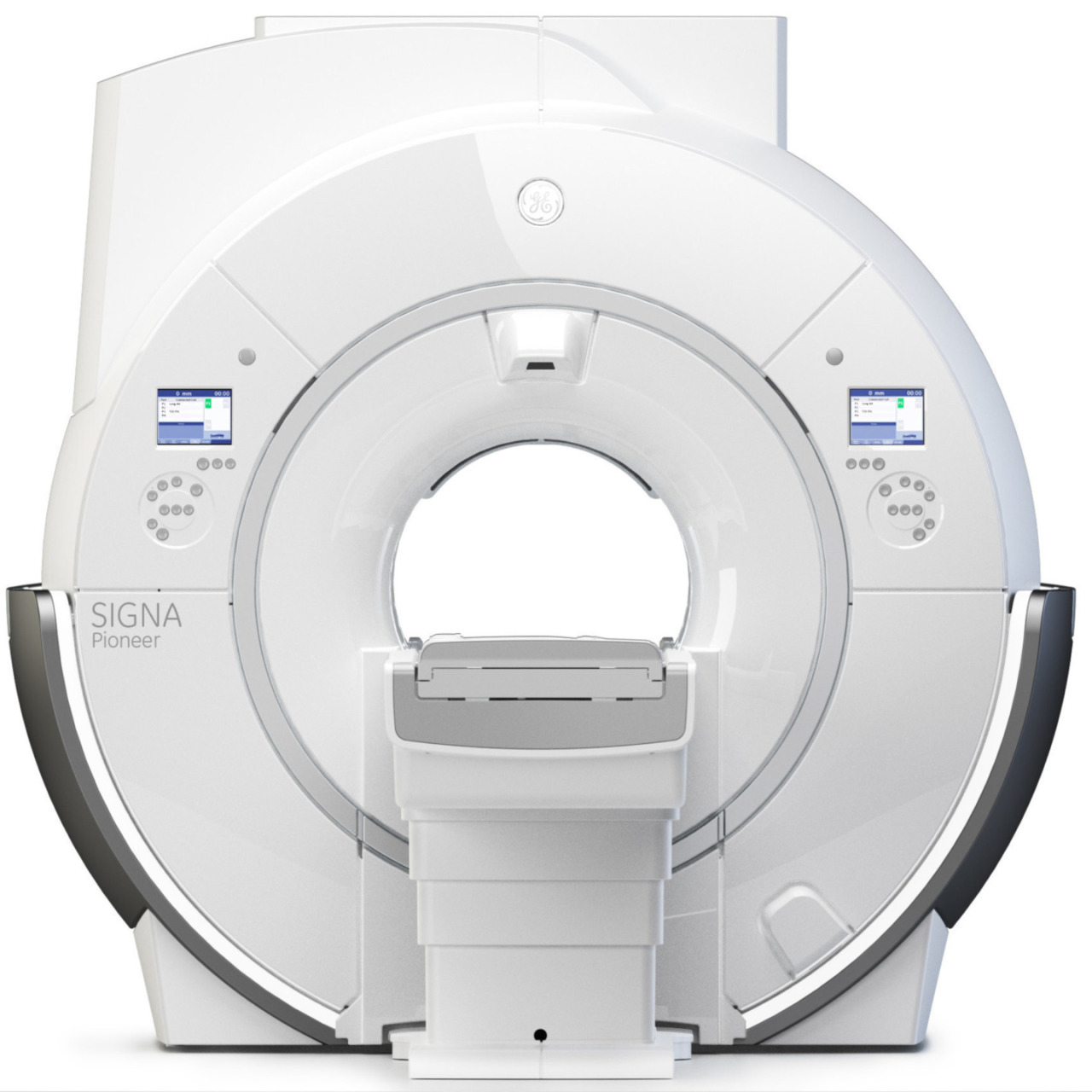 MRI machine with white and gray design, front view showing scanning opening and control panels on the sides.