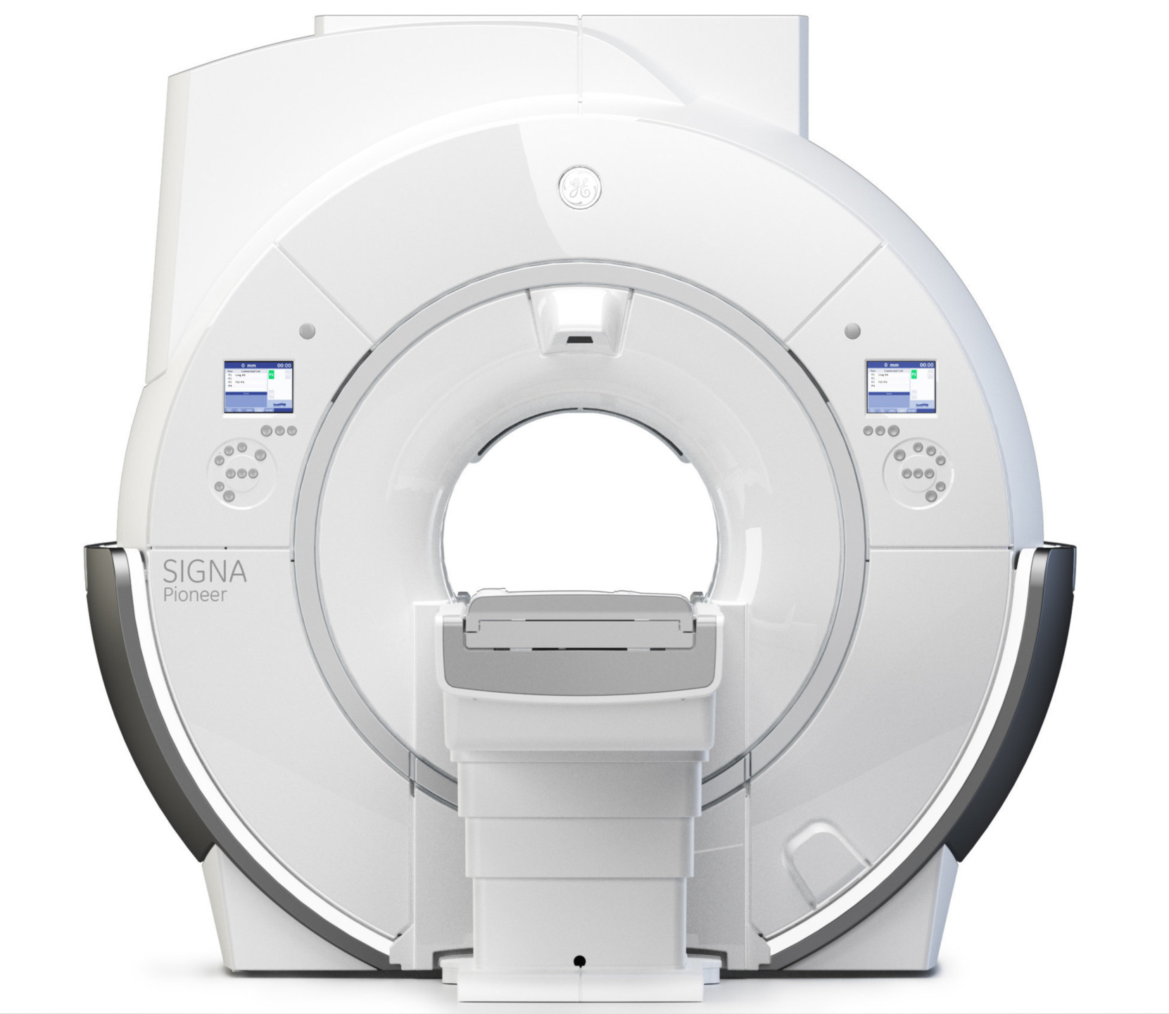 MRI machine with white and gray design, front view showing scanning opening and control panels on the sides.