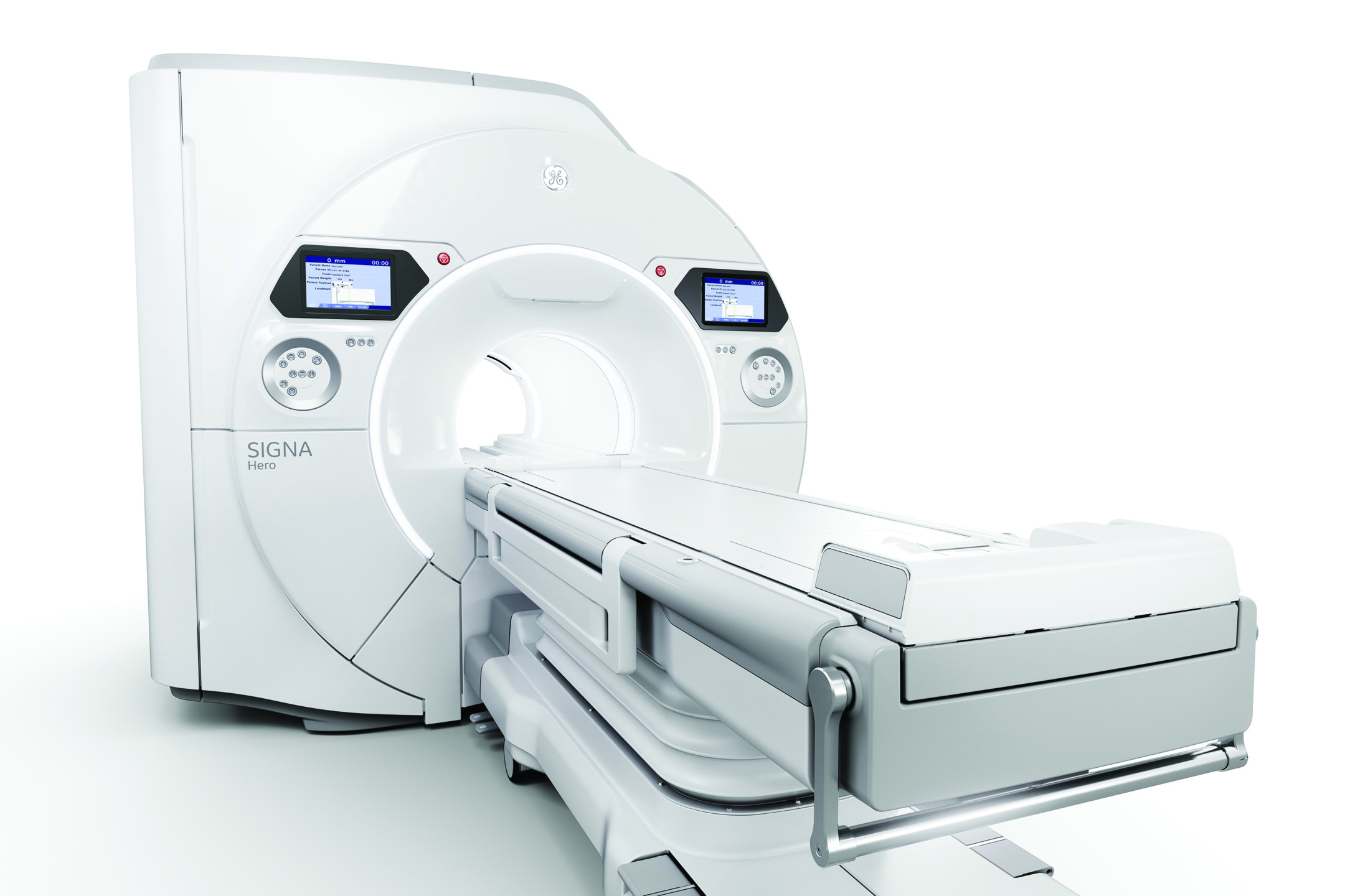 MRI machine in a medical setting with a white, sleek design and control panels on the side
