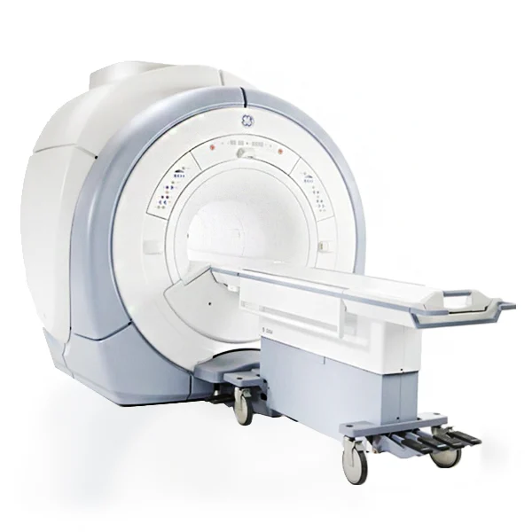 MRI machine with examination table in a clinical setting