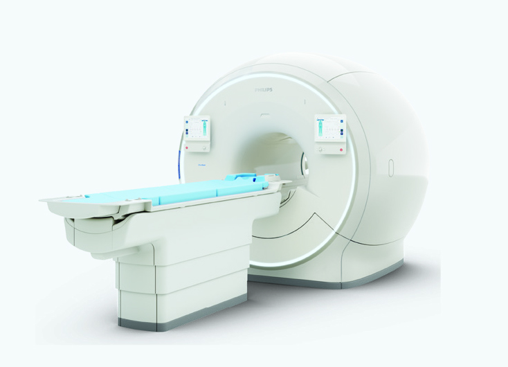 MRI machine in a hospital setting, ready for patient use.