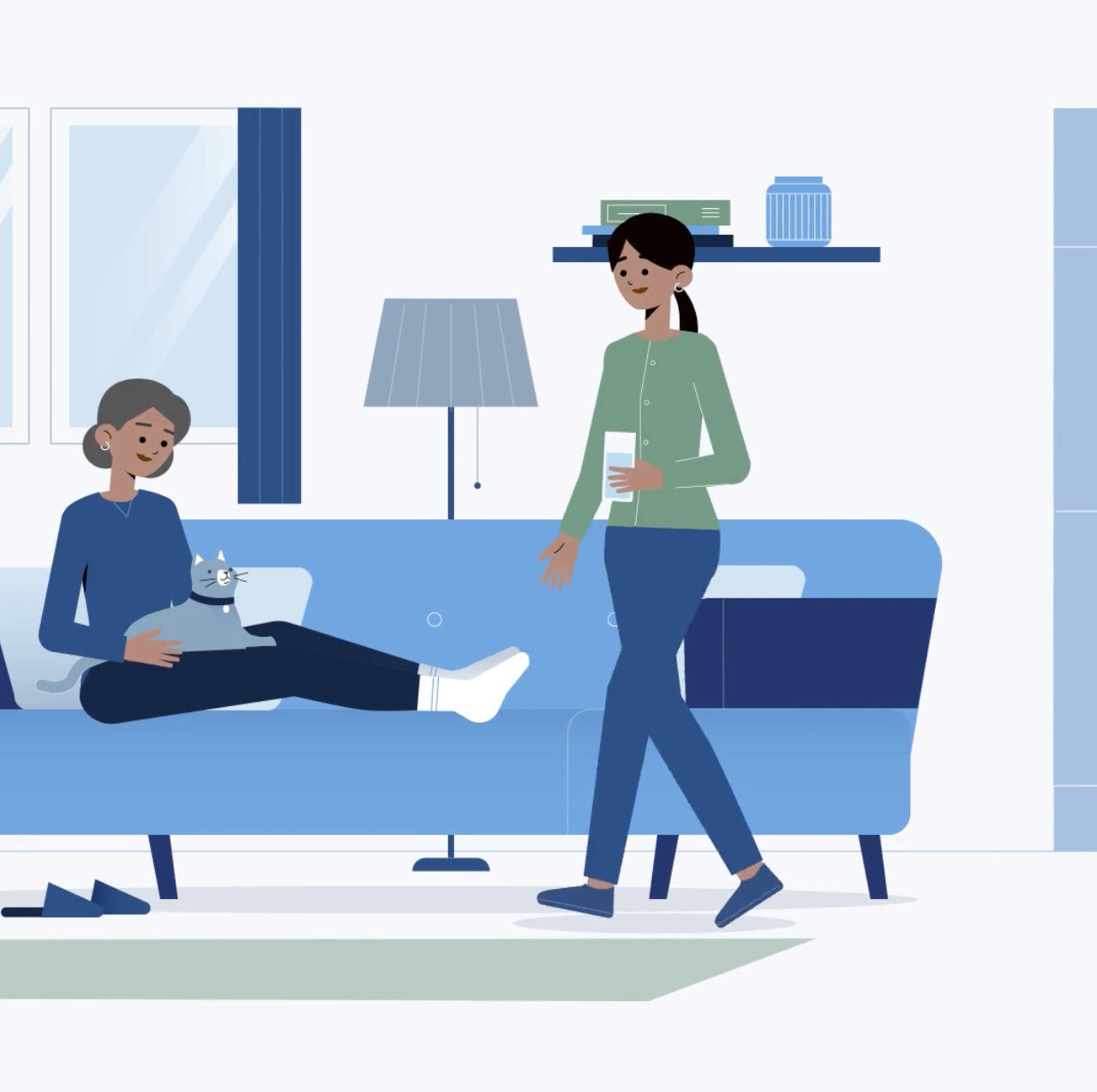 Illustration of two people in a living room, one sitting on a couch with a laptop, and the other walking with a drink.
