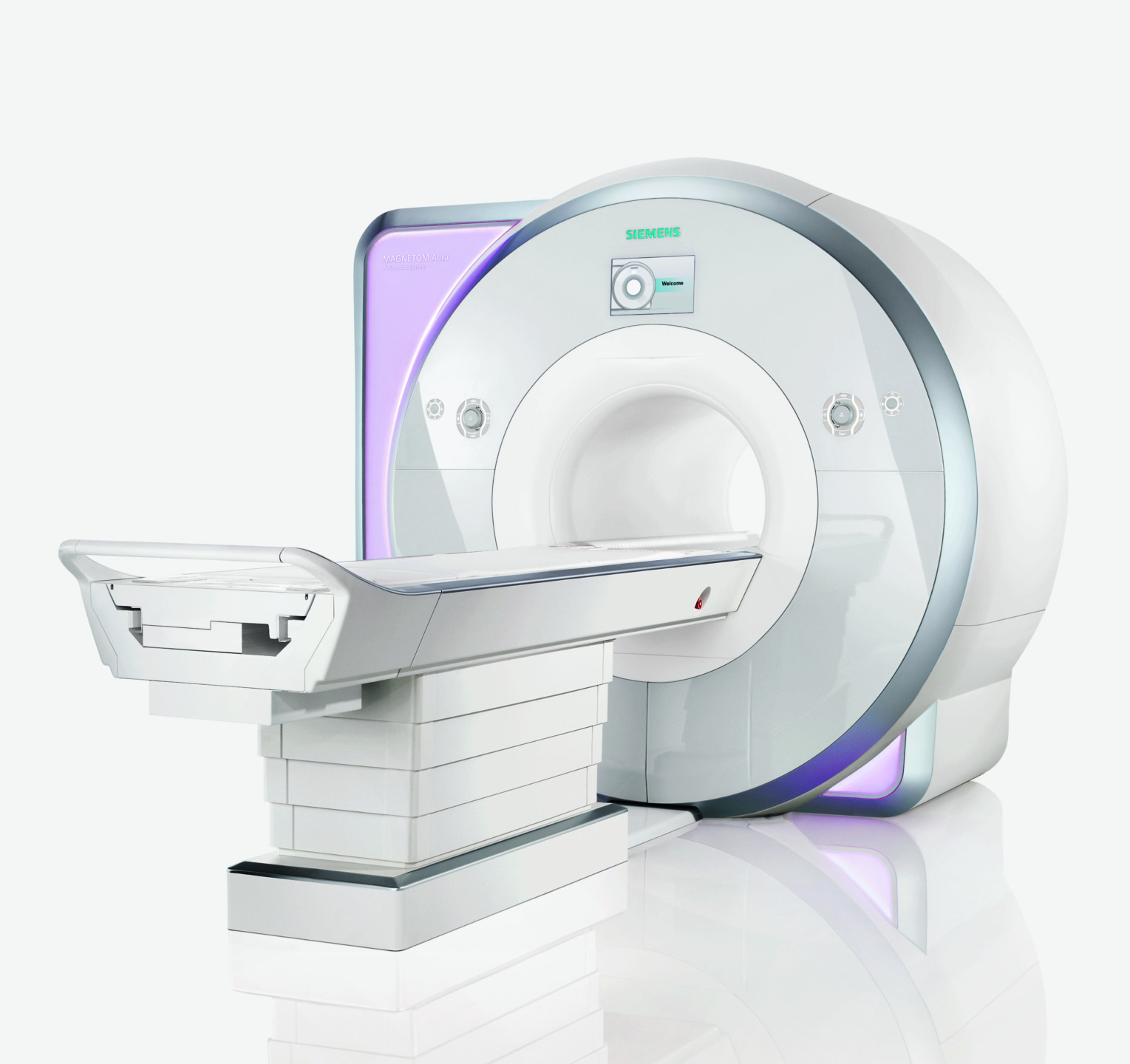 MRI machine with a white and gray design, featuring a horizontal sliding table for patient positioning, set against a white background.