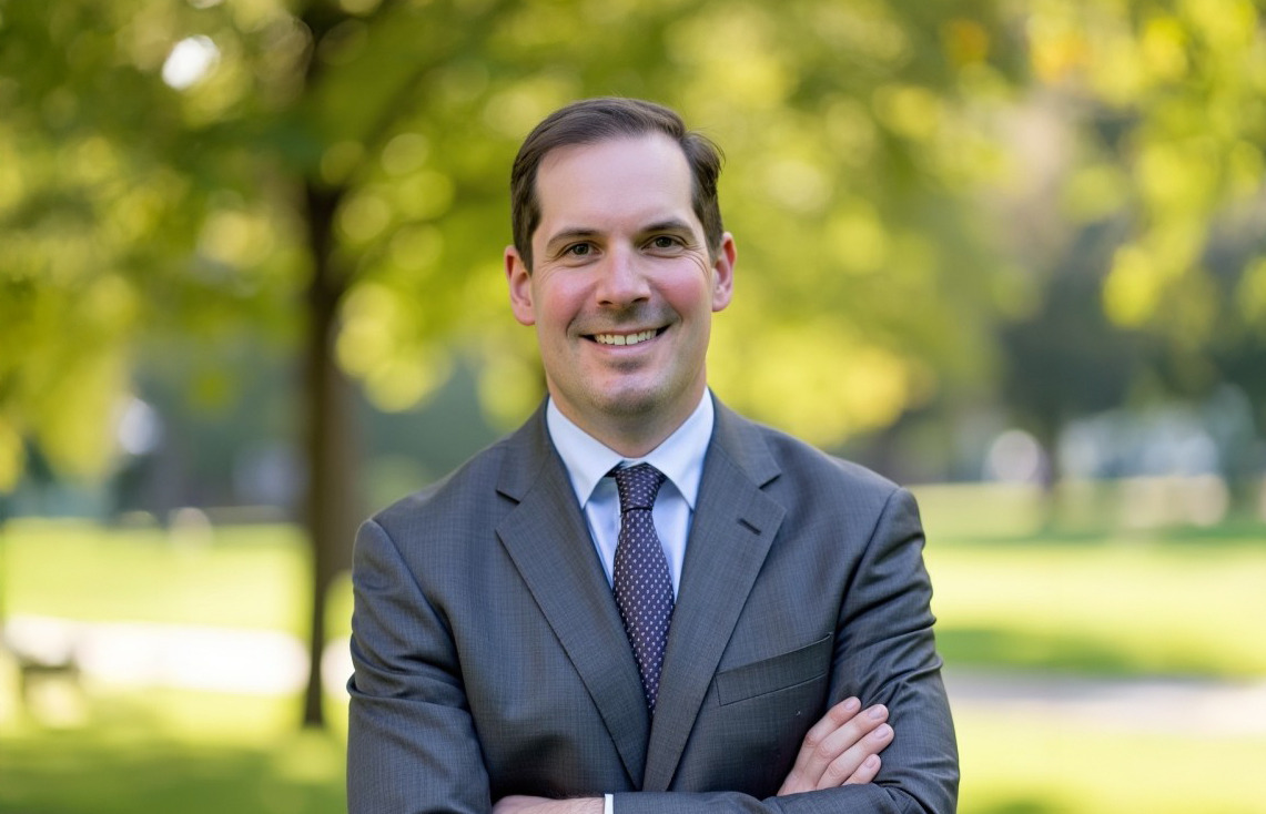 Person in a suit standing outdoors with arms crossed, trees and greenery in the background.