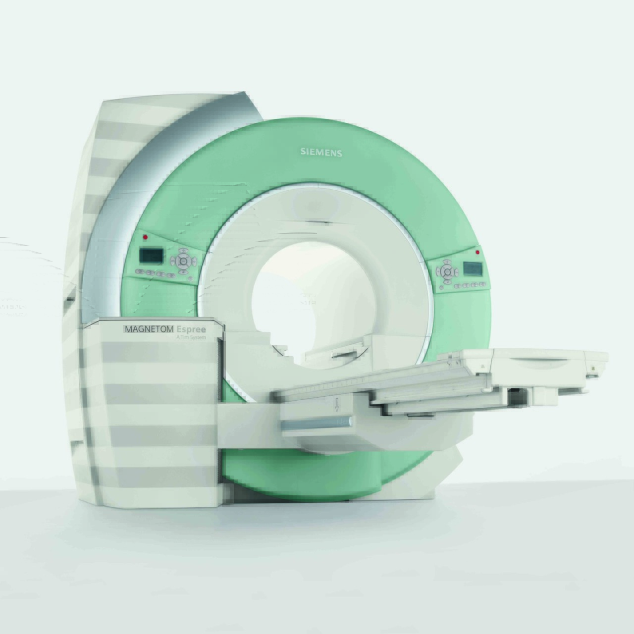 MRI machine with a light green and white design, used for medical imaging in hospitals and diagnostic centers.