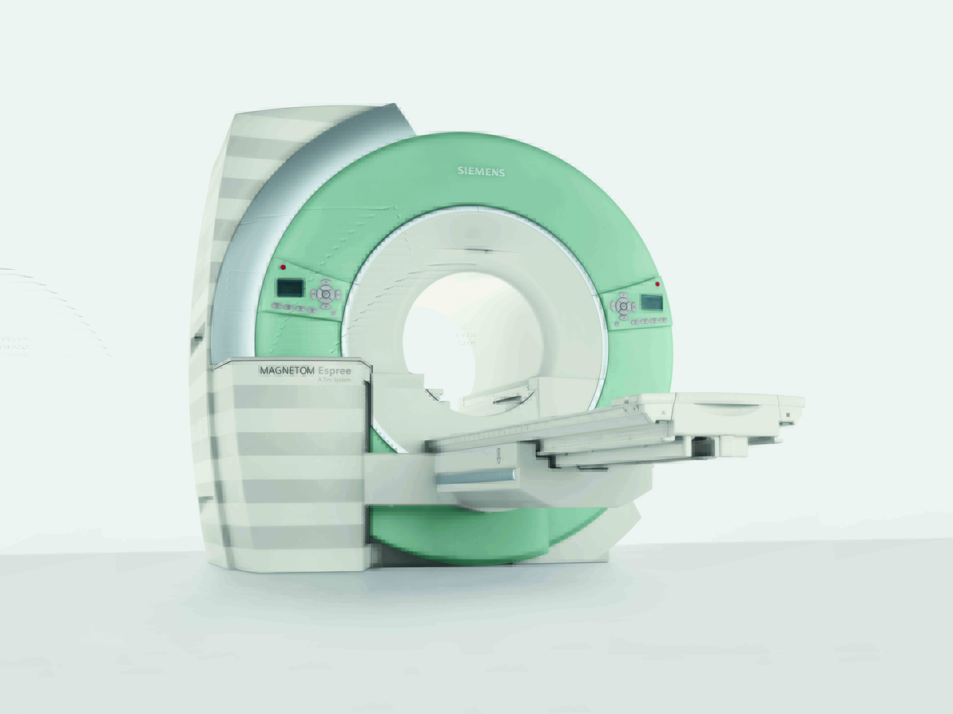 MRI machine with a light green and white design, used for medical imaging in hospitals and diagnostic centers.