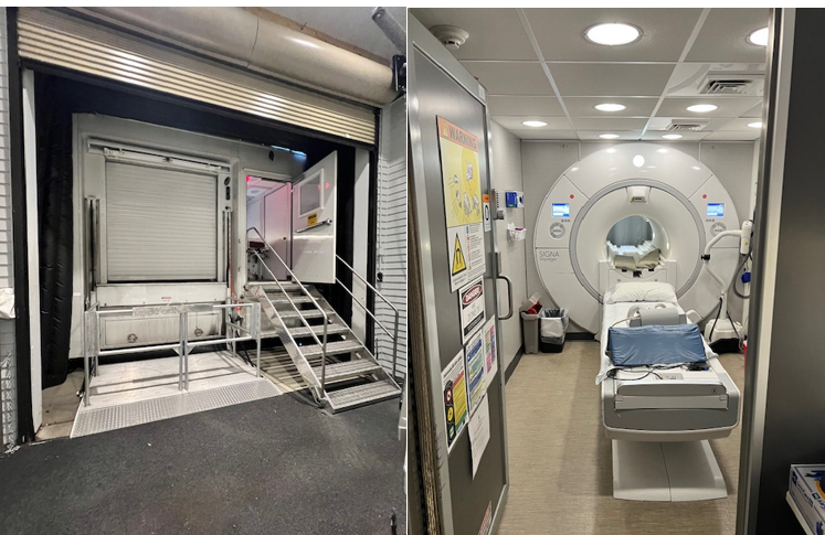 Open loading dock with stairs beside a medical imaging room equipped with an MRI machine and safety signage.