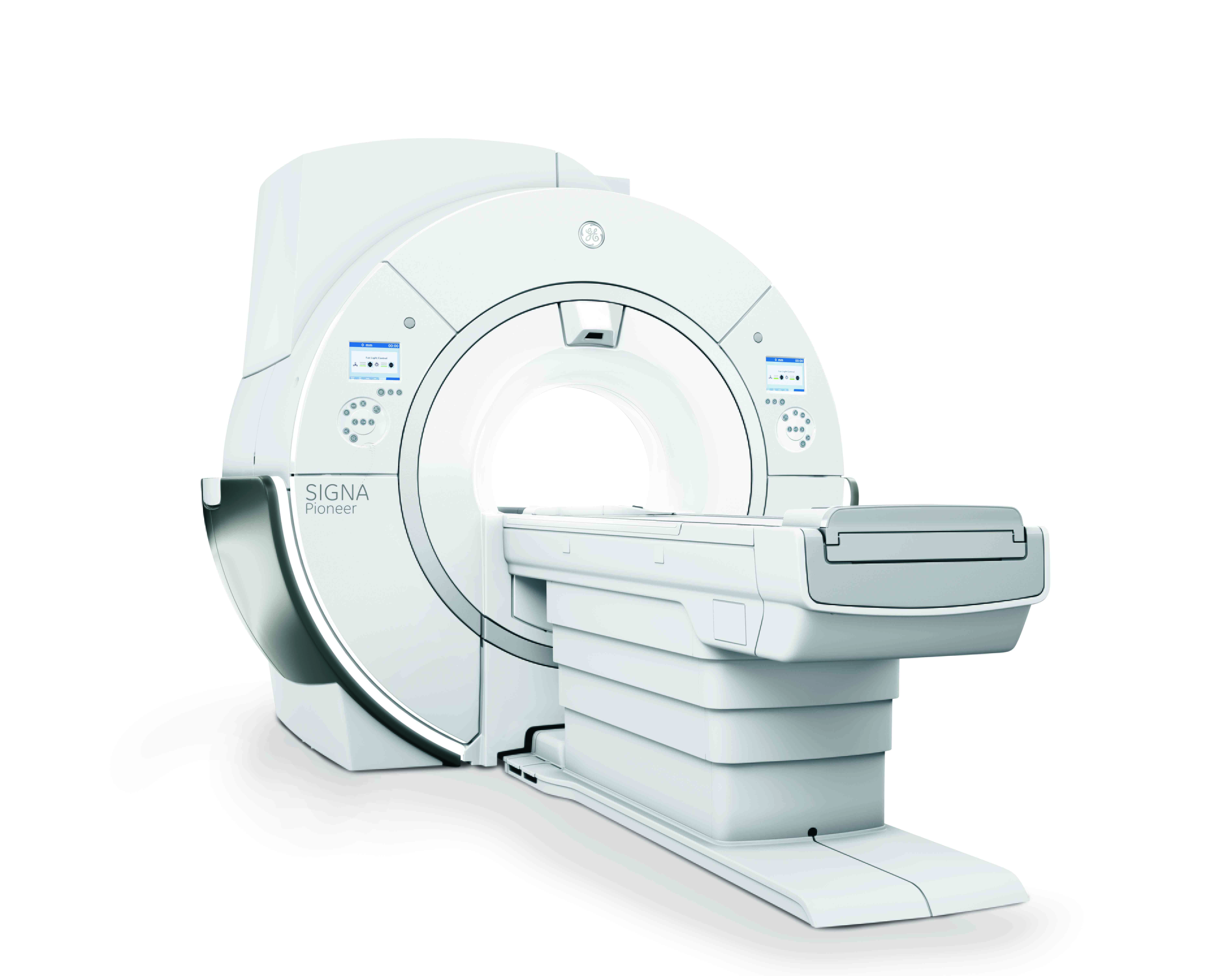 MRI machine with a sleek white design and control panel, used for medical imaging and diagnosis.