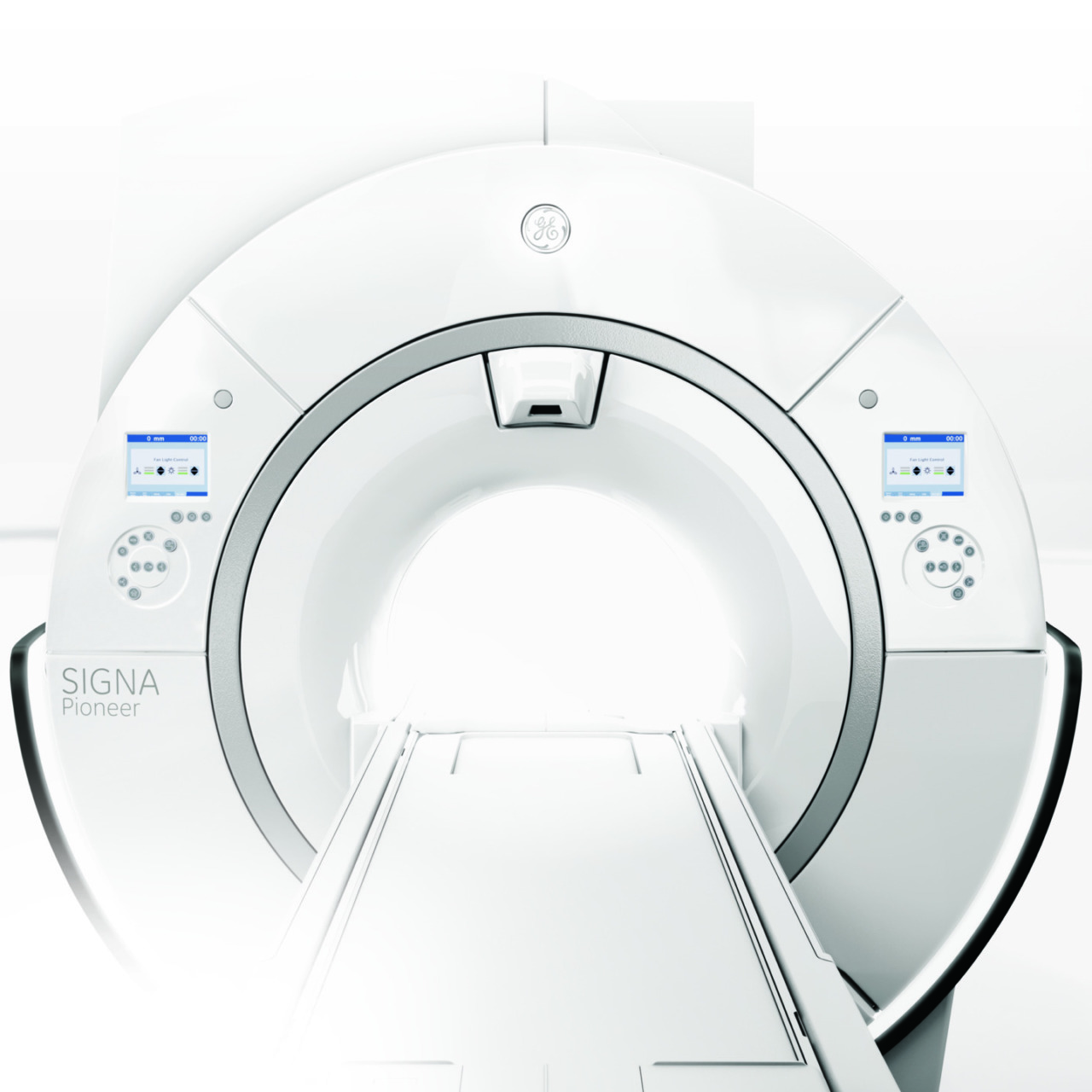 Medical imaging machine, MRI scanner with illuminated control panel and sliding patient table in a clinical setting