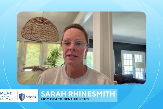 Person speaking in a home office setting with a blue overlay and text describing them as a mom of four student-athletes.