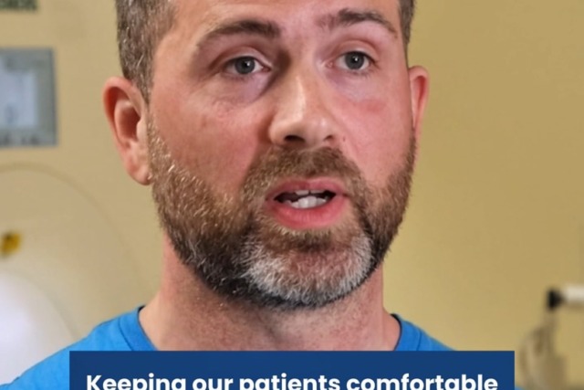 MRI technologist in blue shirt with text: "Keeping our patients comfortable. Ask people. Paul Kirkpatrick, MRI Technologist."